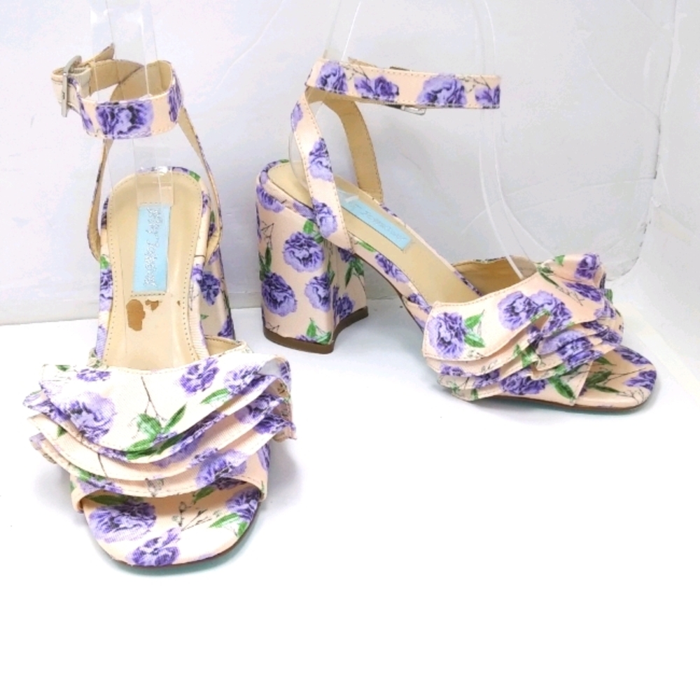 Betsey Johnson Peach & Lavender Floral Ruffle Block Heel Sandals